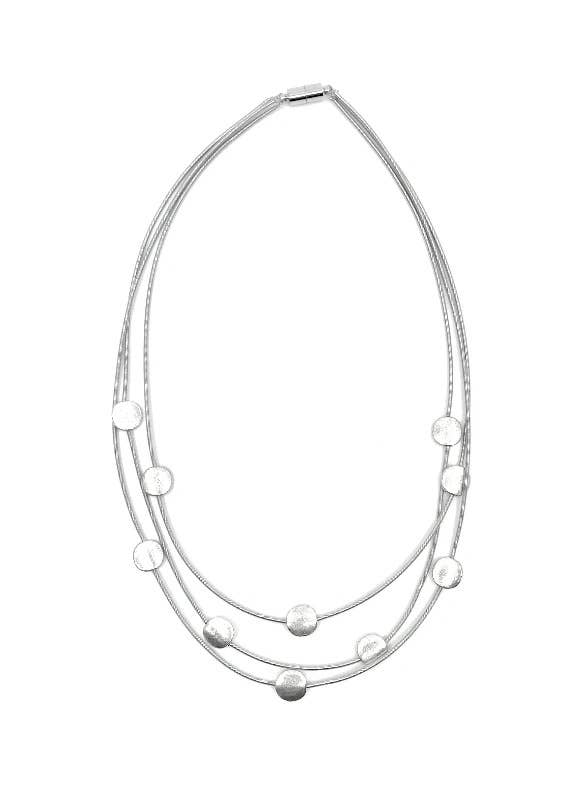 S77 a - 3 Strand Tiered P.W. Necklace with Silver Discs