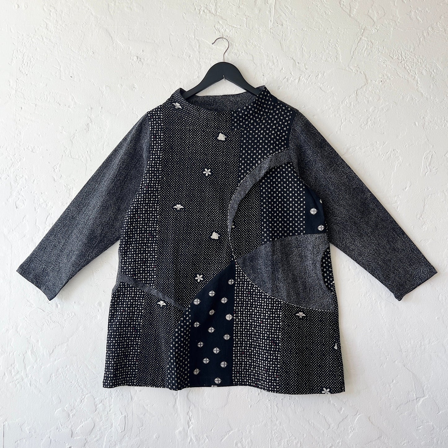 Panel Pullover in Black Sashiko Dot Print